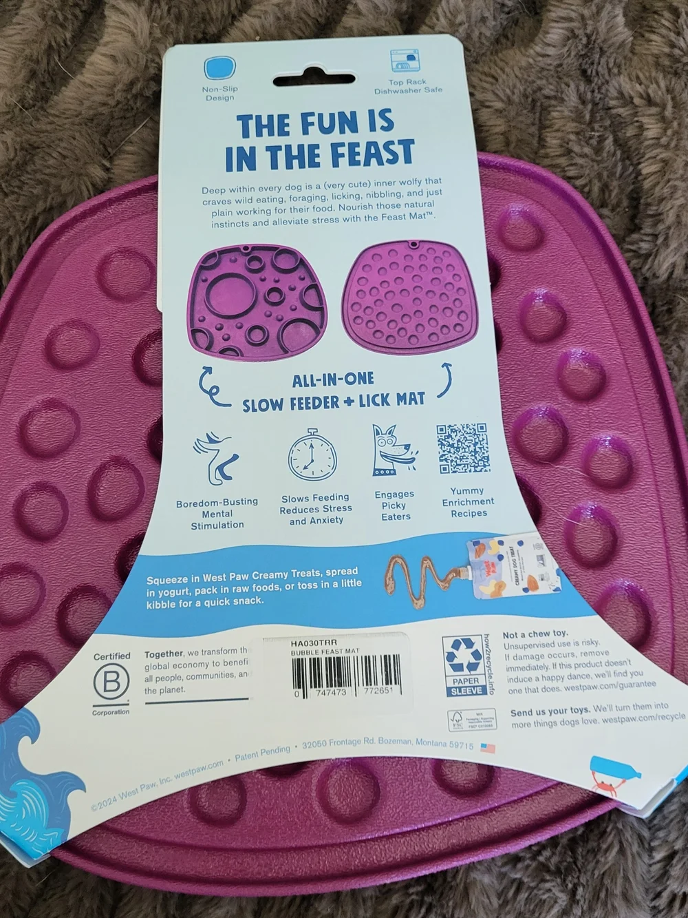West Paw Feast Mat Slow Feeder Lick Mat - Purple
